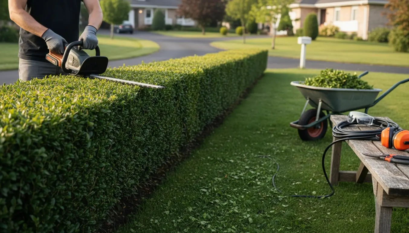 En person klipper en lav hæk med en elektrisk hækkeklipper langs en solbelyst forhave, med afklippede grene i en bunke.