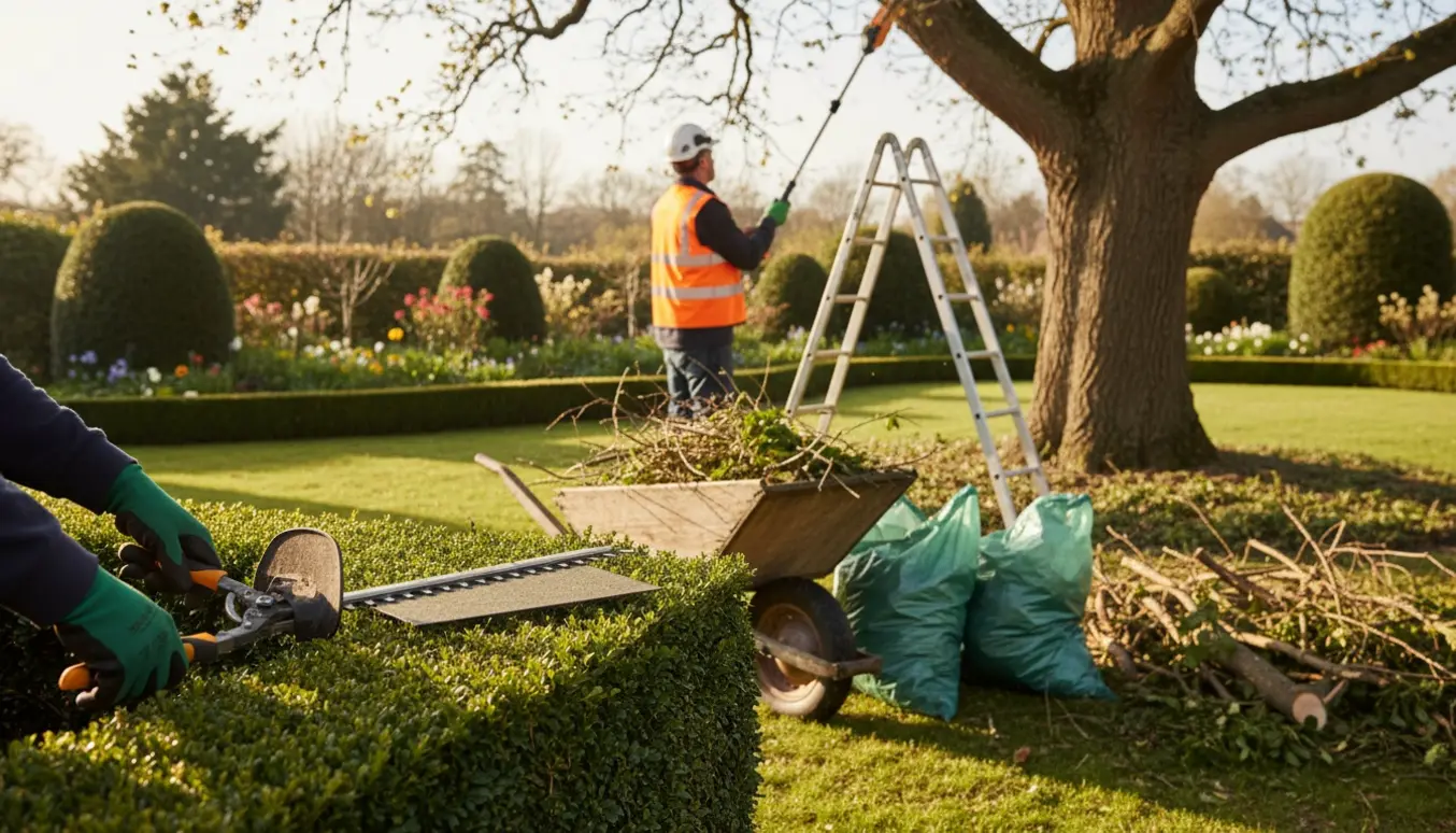 En havearbejder trimmer hække, buske og et større træ med trillebør og samlet grønt affald klar til bortskaffelse.