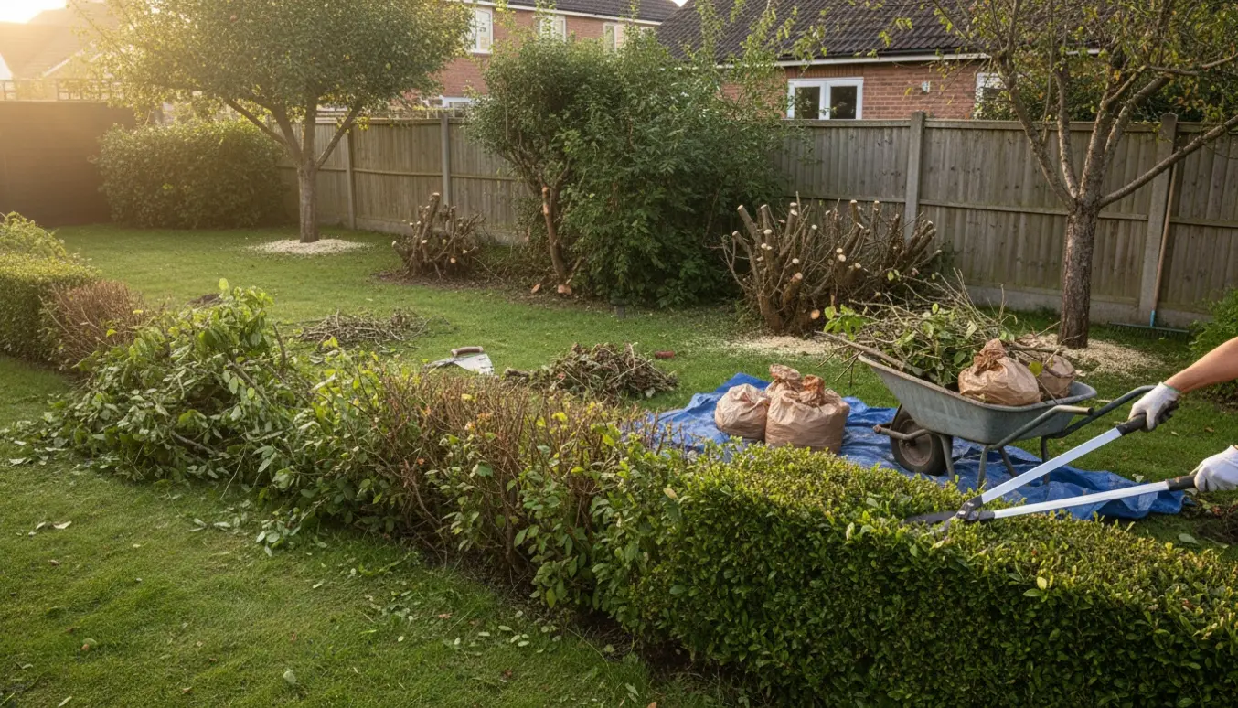 Halvklippet bøgehæk og beskårne buske med trillebør fyldt med grenværk og haveredskaber i en soloplyst have.