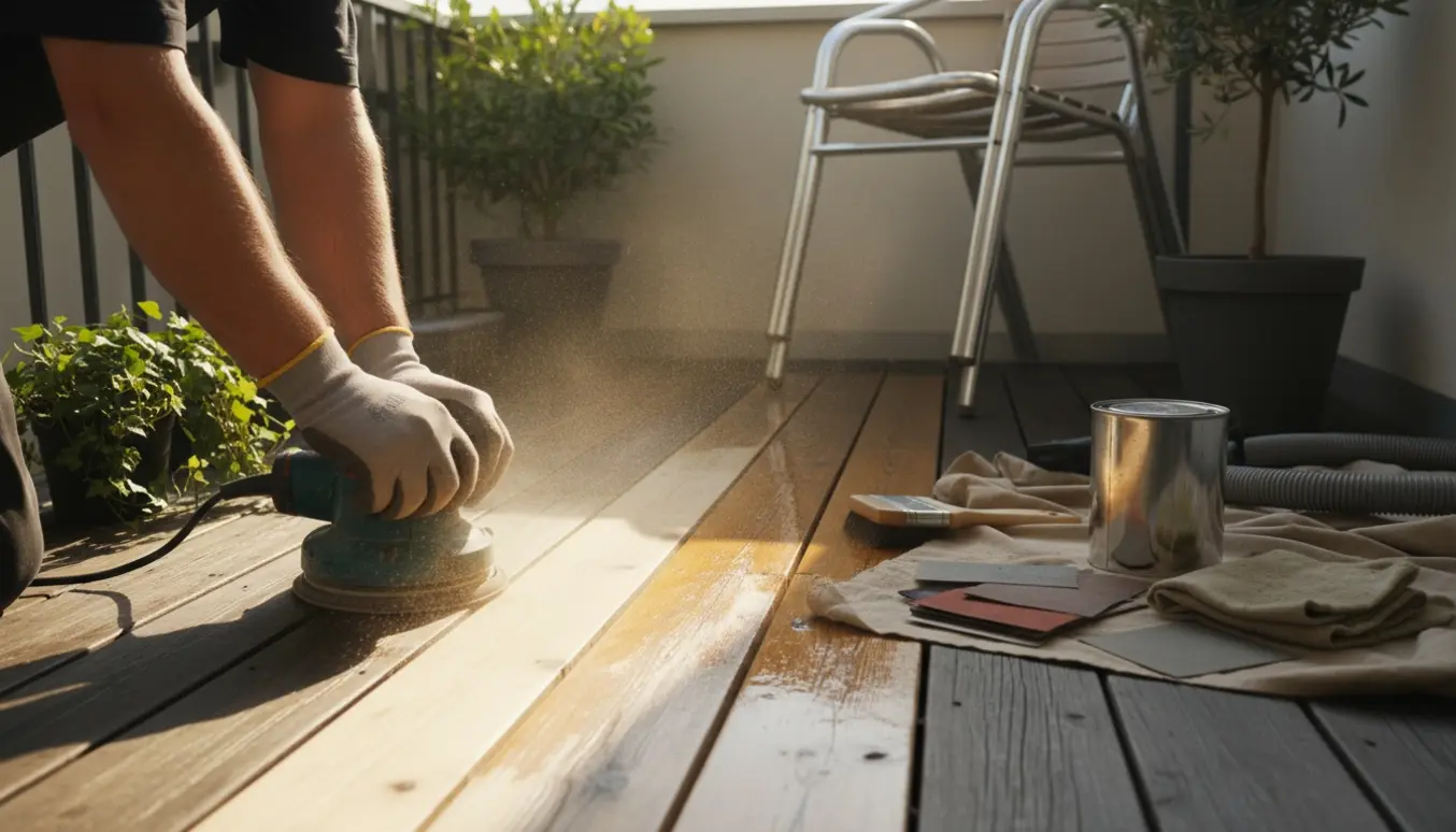 Hænder sliber og olierer trægulvet på en lille sollys altan.