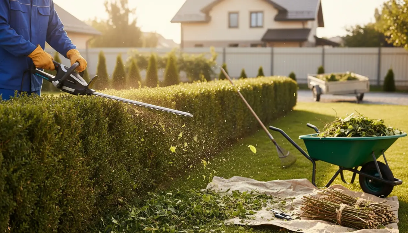En person trimmer hæk i haven, mens hækaffald samles i en trillebør klar til bortskaffelse.