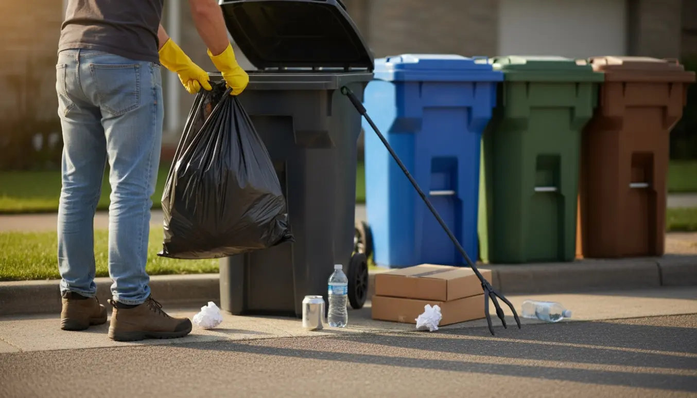 Hænder med handsker binder en skraldesæk ved affalds- og genbrugsdunke på en soloplyst fortov.