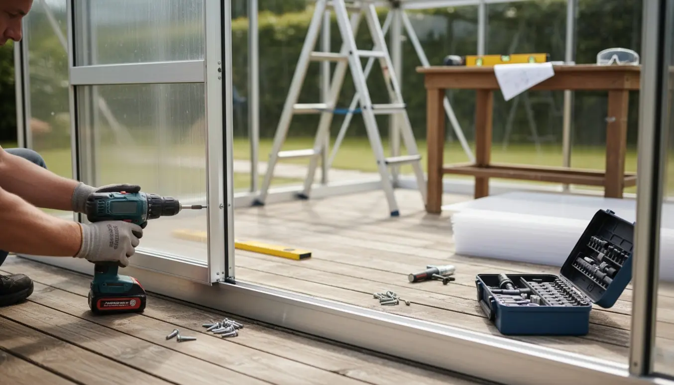 Hænder med handsker skruer polycarbonatplade fast på en aluminiumramme under montering af et drivhus.