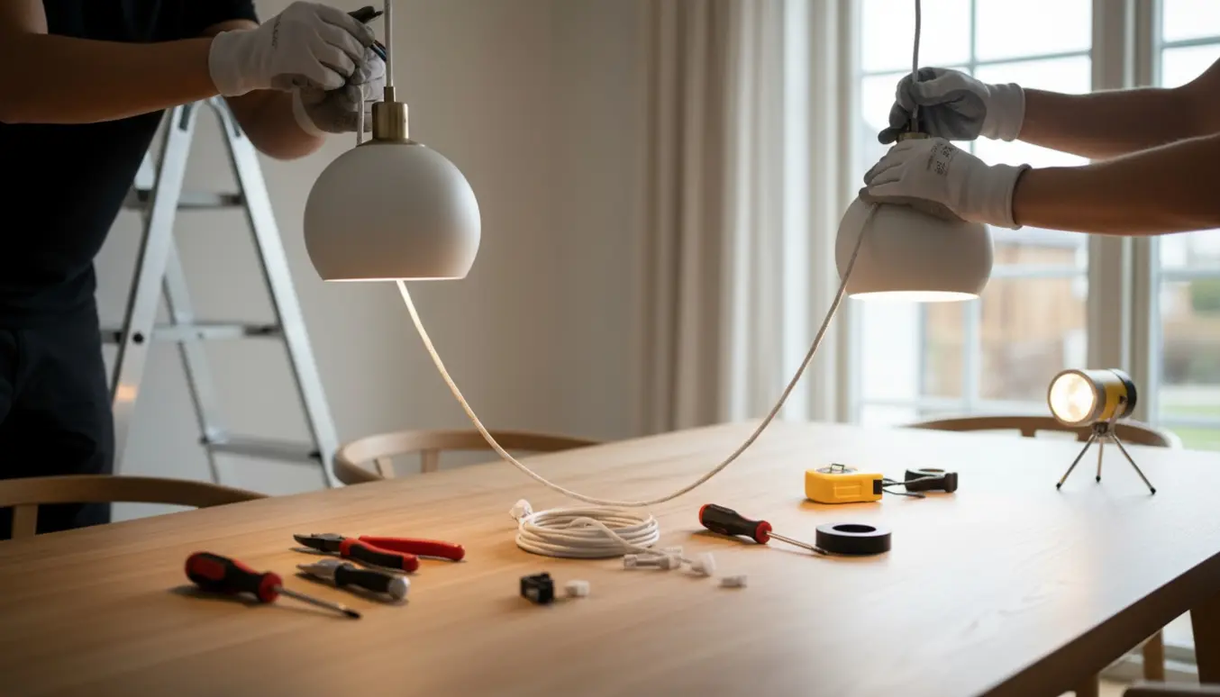 To pendler hænges op over et træspisebord, håndværkerens handsker og værktøj ses ved justering af ledningerne.