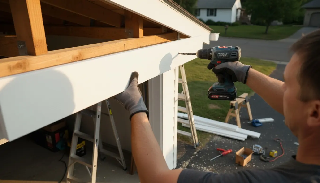 Tømrer færdigmonterer udhæng på garage med skruemaskine, stige og brædder ved siden af.