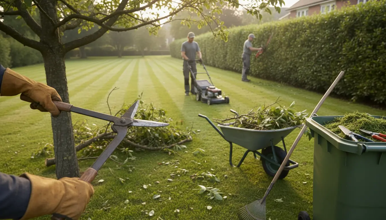 Gartner slår græs og klipper hæk på en rummelig have med haveaffald i container.