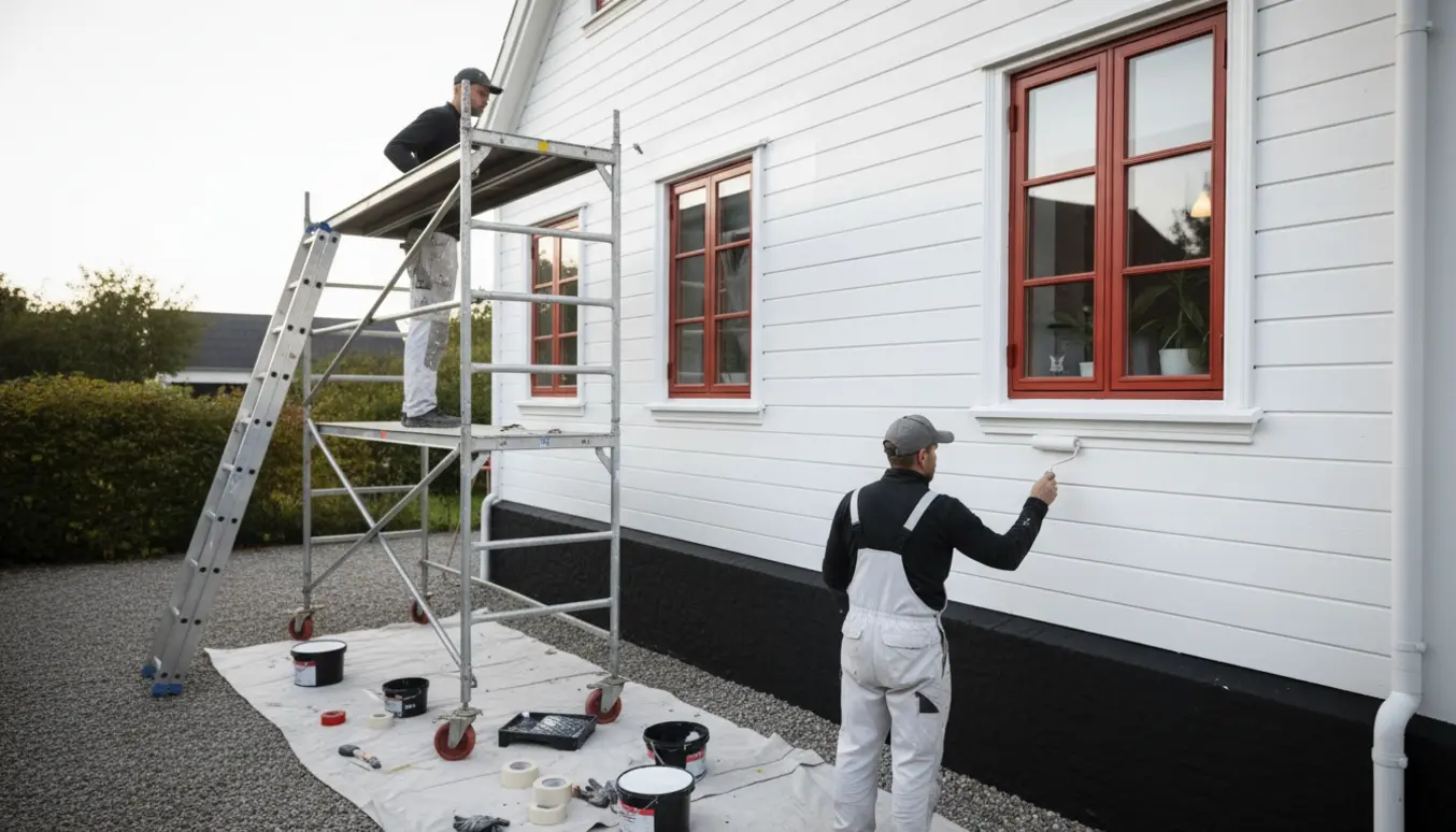 Udvendig maling af et hvidt hus i Kirke Såby med sort sokkel og røde vinduesrammer, maler arbejder på stillads.