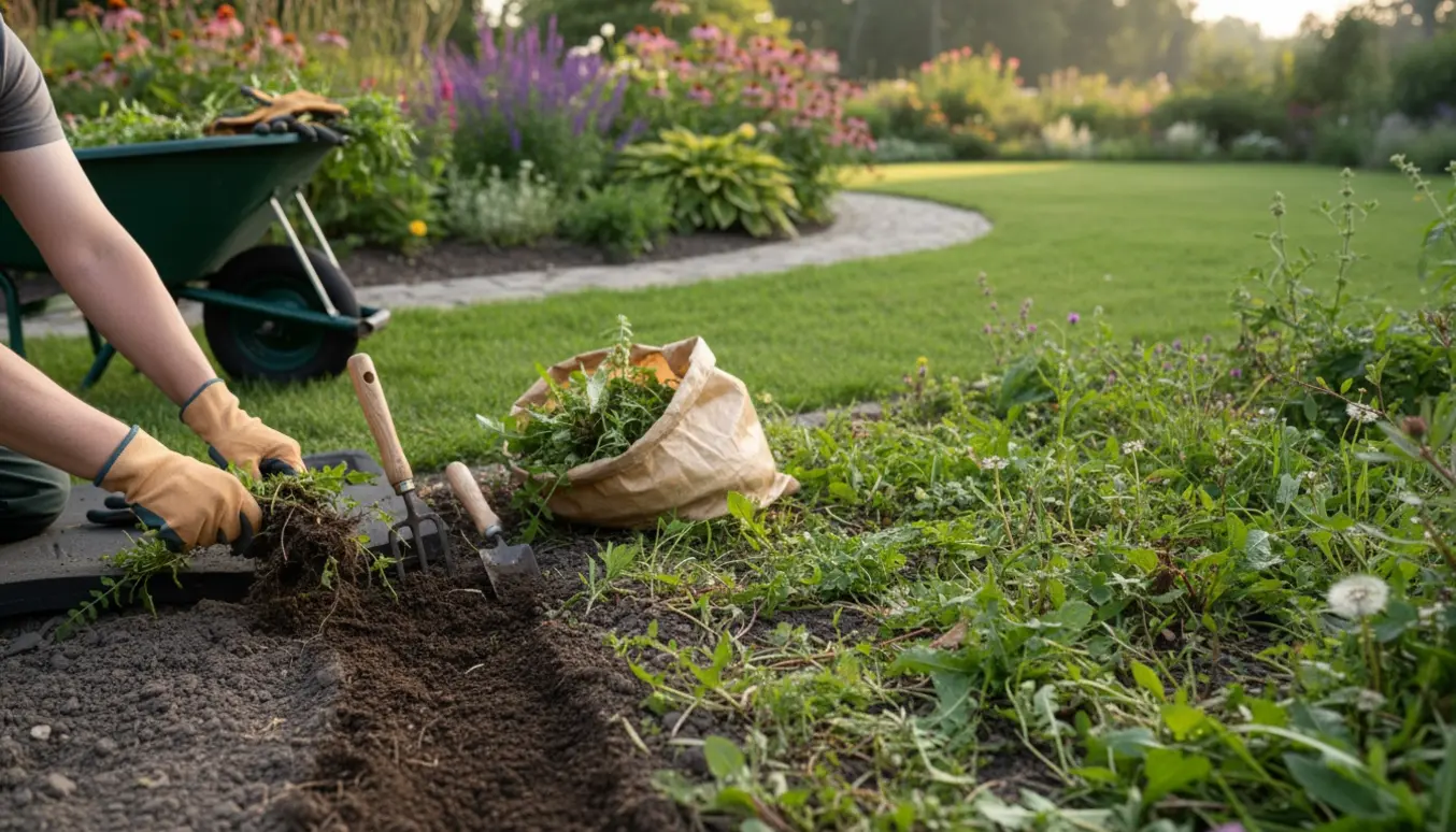 Hænder i handsker luger et blomsterbed i en mellemstor baghave med redskaber og opsamlet ukrudt.