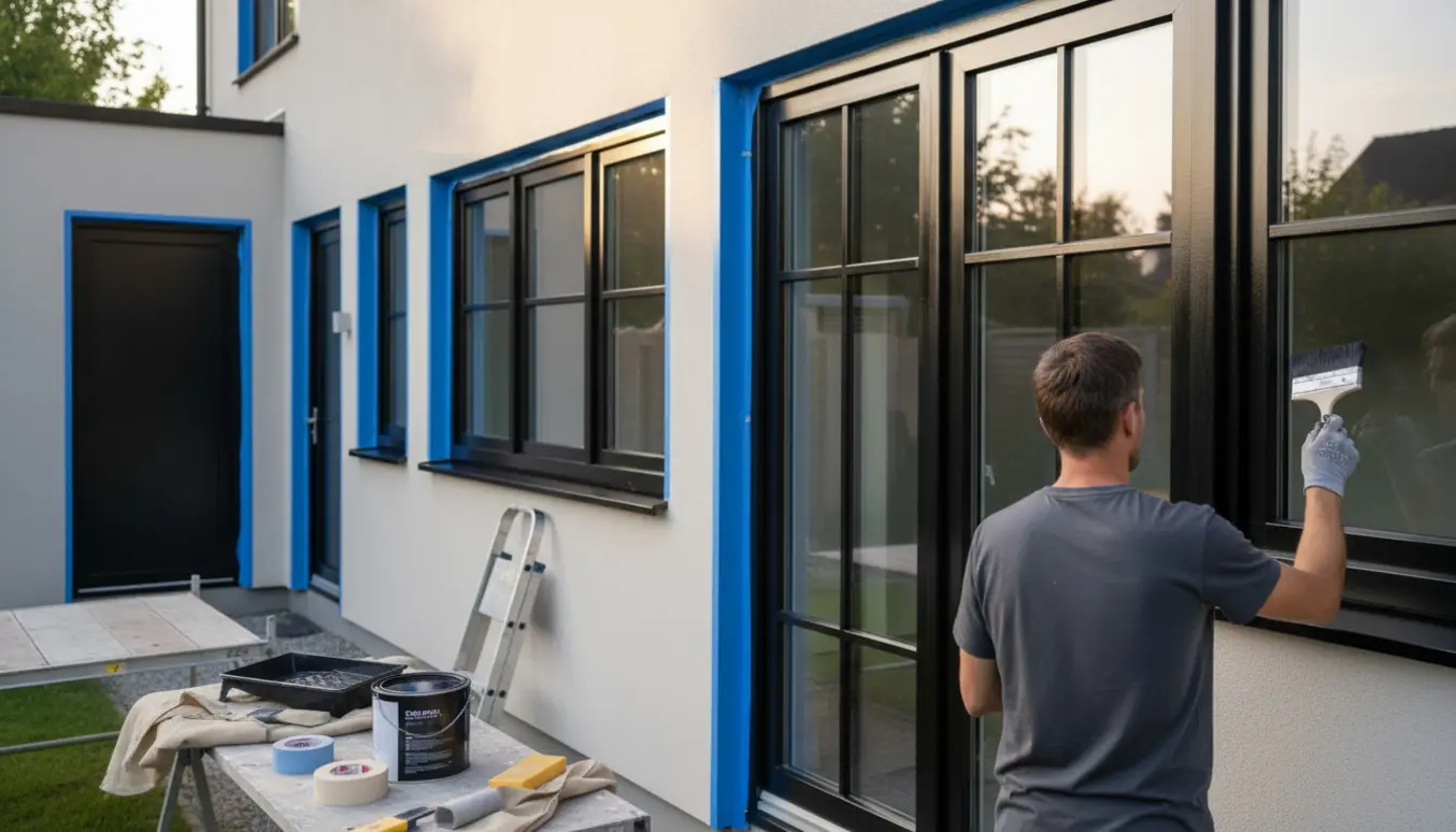 Nærbillede af hænder, der maler træ/alu døre og vinduesrammer sorte på en husfacade.