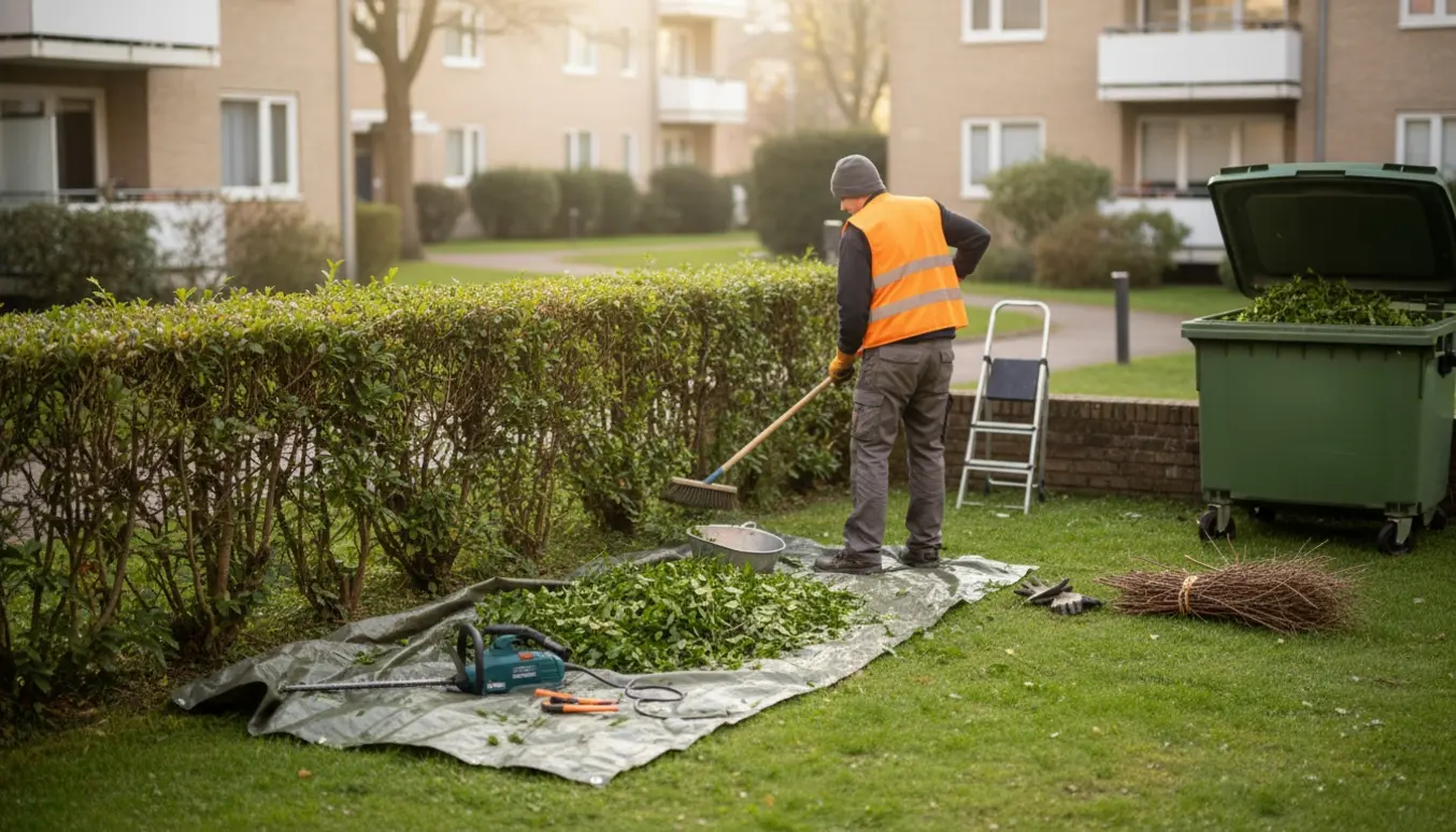 Hækafklip bliver fejet sammen og lagt i en åben grøn container på en boligforenings fællesareal.