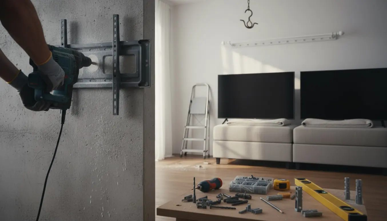 Nærbillede af hænder, der bruger en kraftig borehammer til at montere TV-beslag og hylder på en væg.