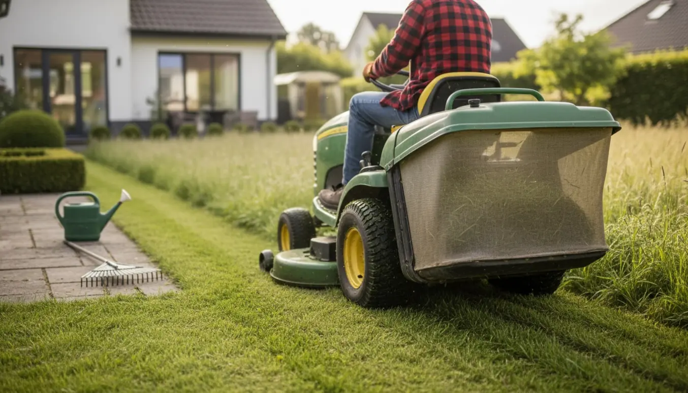 Havetraktor med opsamler slår høj græsplæne og efterlader tydelige striber.