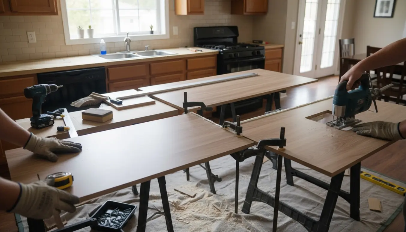 Nærbillede af montørhænder der måler, skærer og fuger en ny bordplade i et U-formet køkken med værktøj og materialer omkring.