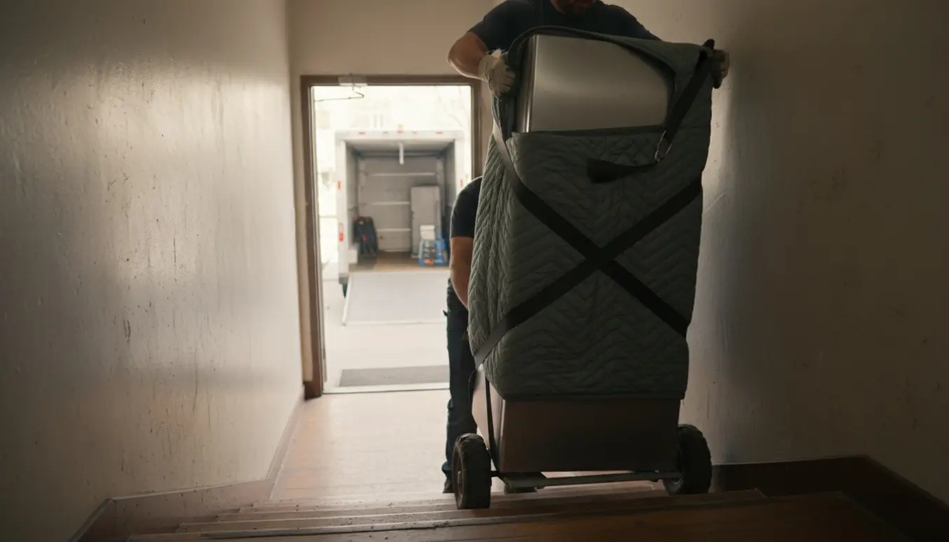 To flyttemænd bærer et stort kølefryseskab ned ad trappen mod en varebil, pakket ind i flyttetæpper og fastgjort med stropper.