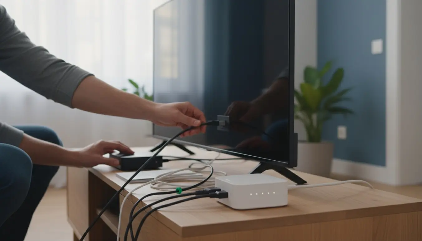 Hænder forbinder kabler mellem en moderne fladskærm, en set-top-boks og et modem i en lys stue.