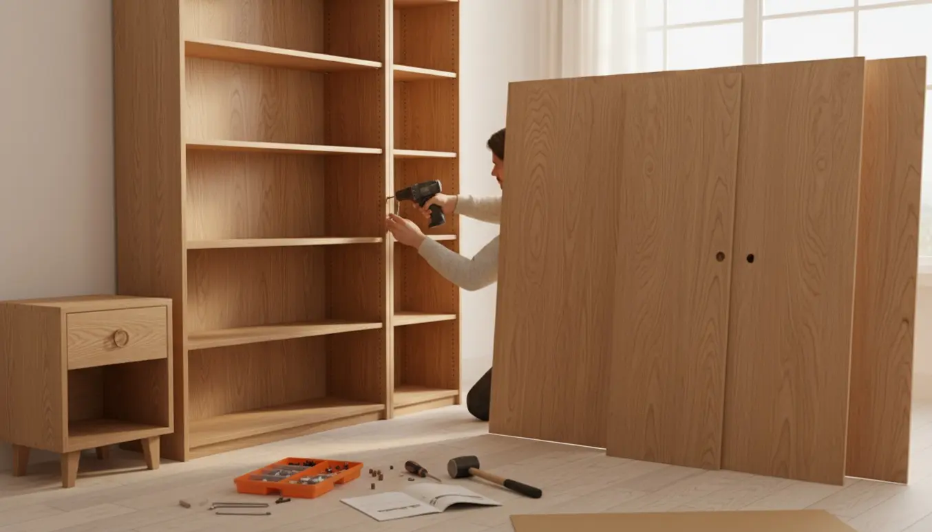 Delvist samlede egetræsmøbler på trægulv med værktøj og hænder, klar til færdiggørelse.