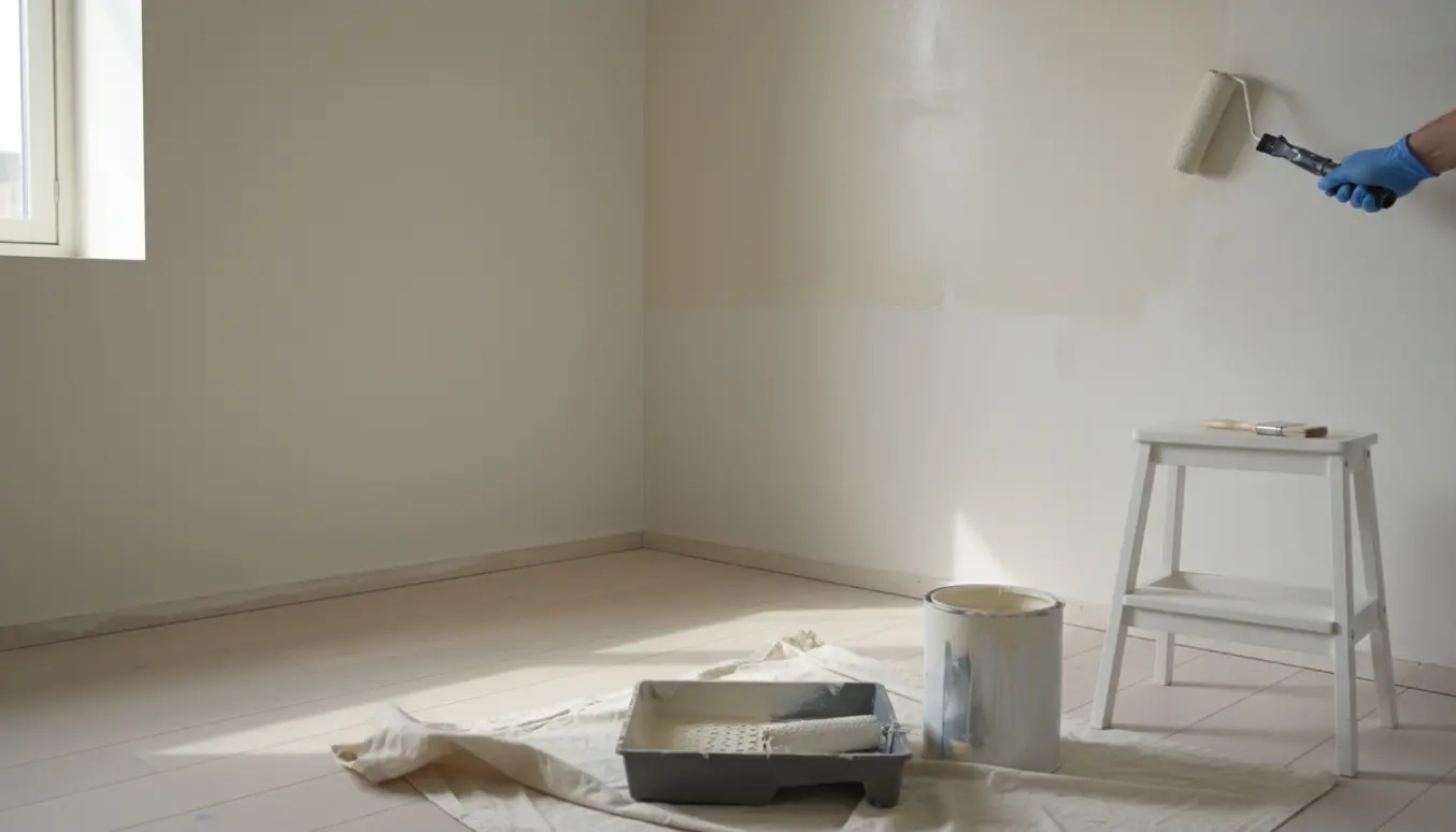 To vægge i et rum bliver malet med kalkmaling med rulle og malerbøtte på beskyttet gulv.