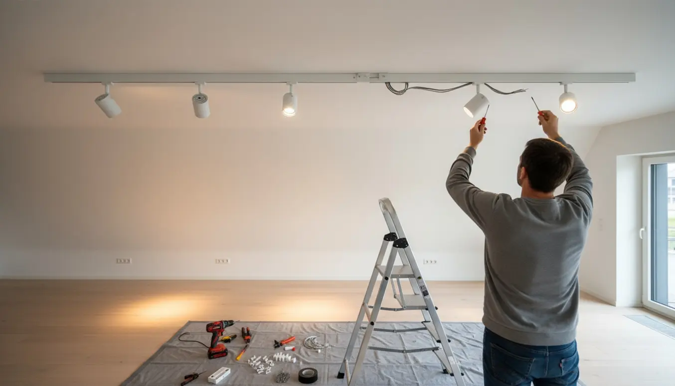 Håndværker monterer tre loftlamper: to lysskinner med spots og en central loftlampe.