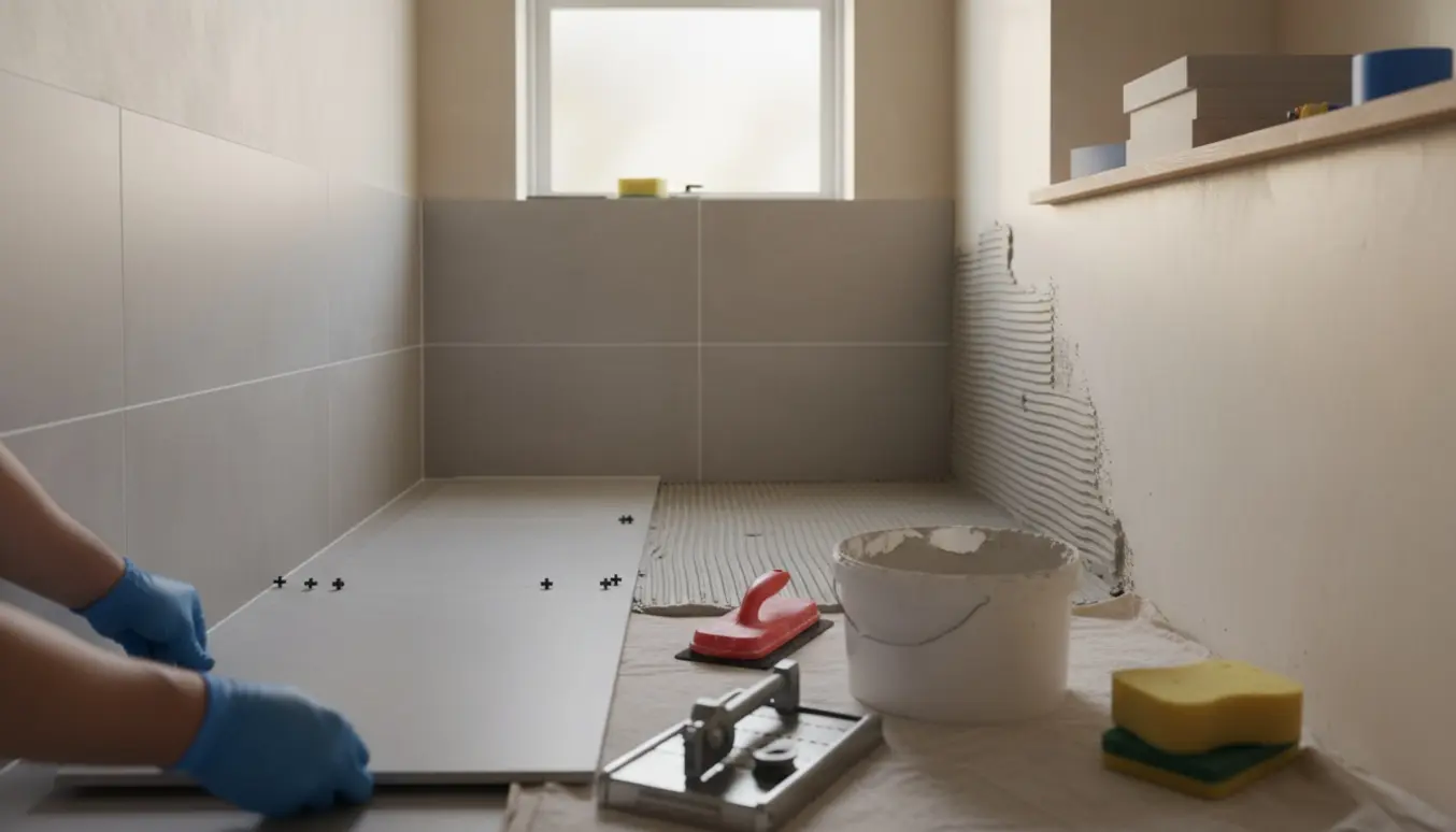 Delvist flisebelagt badeværelse under installation med fliser, fuge og værktøj.