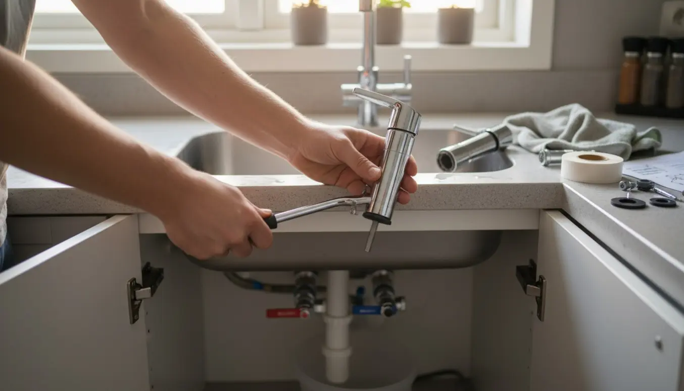Hænder udskifter et krom blandingsbatteri ved en køkkenvask, med nye ballofix-ventiler synlige i skabet nedenunder.