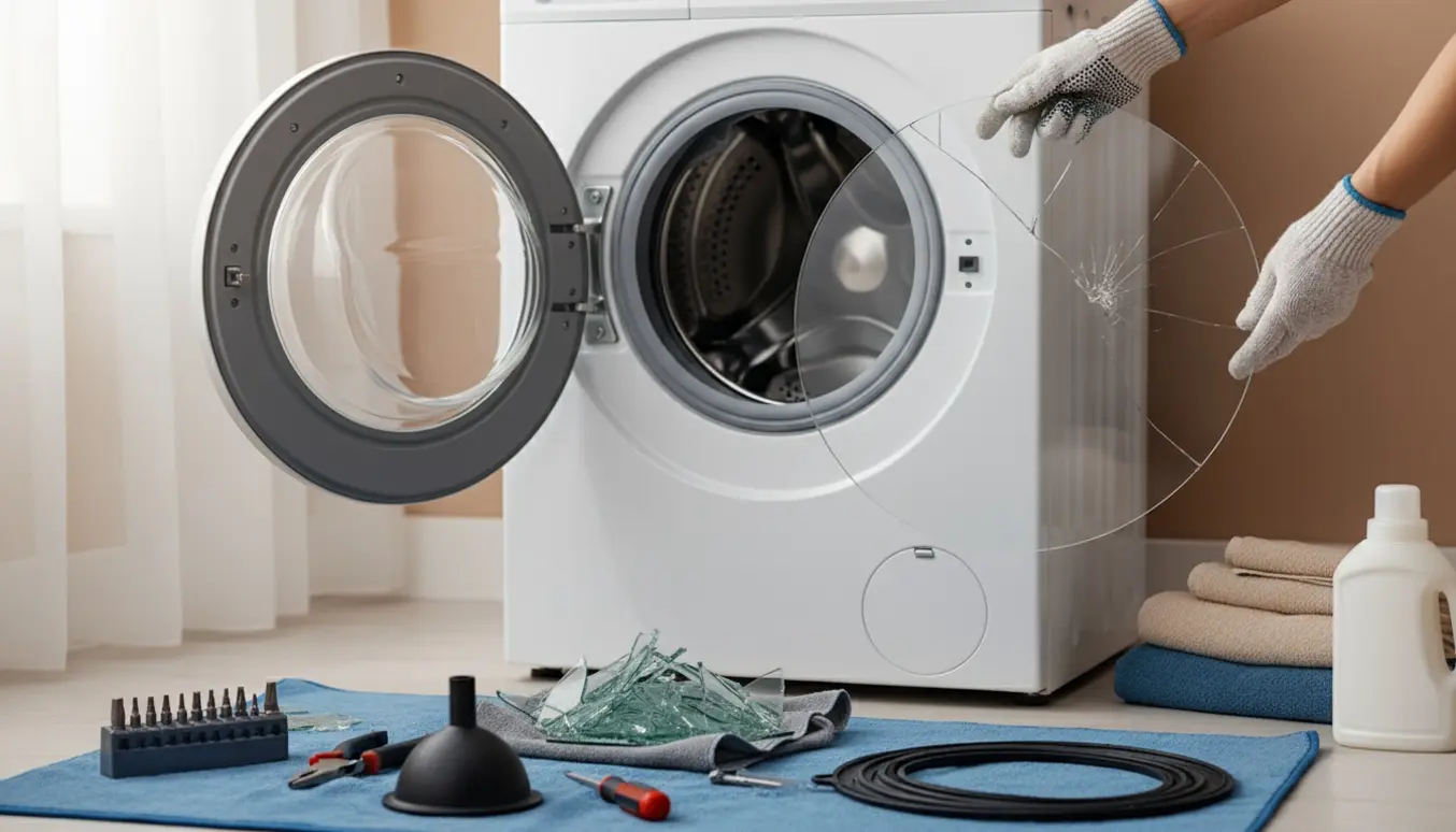 Skift af ødelagt vaskemaskinedør med nye dør og værktøj ved siden af maskinen.