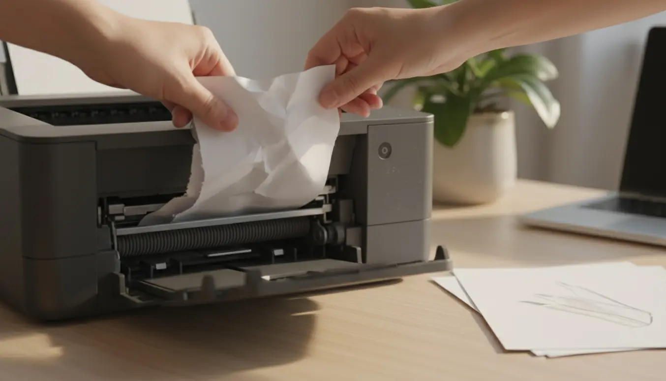 Hænder trækker fastkilet papir ud af en åben kontorprinter.