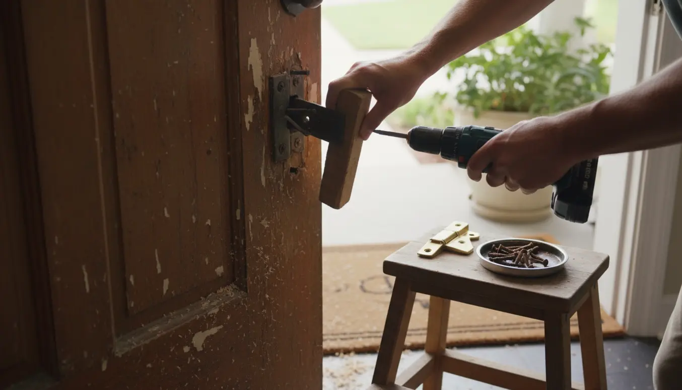 Nærbillede af en tung hoveddør, der hænger skævt, mens håndværkerens hænder afmonterer et ødelagt øverste hængsel.