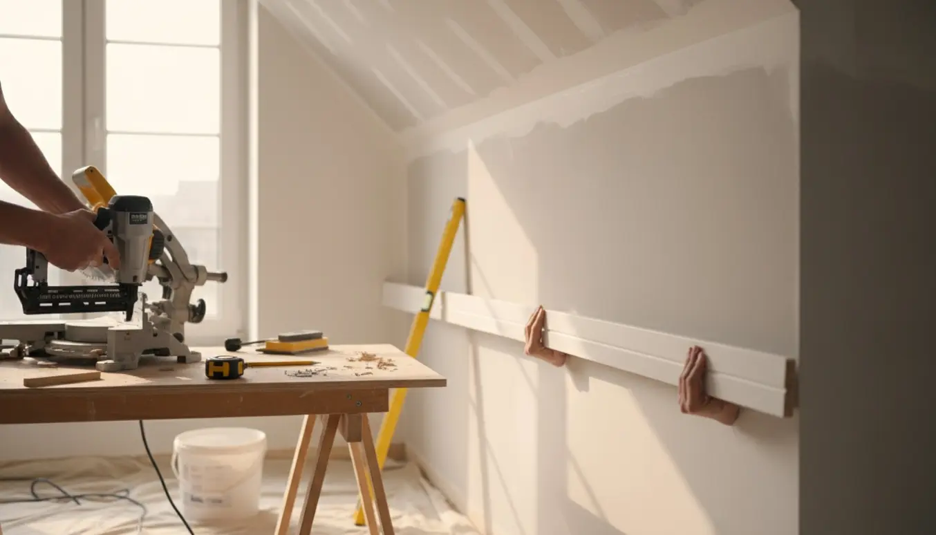 Hænder og værktøj monterer fodlister i et lyst rum, mens loftet repareres efter en fjernet væg.