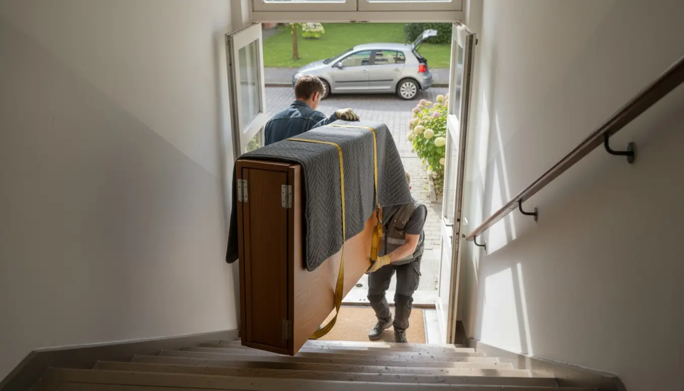 To personer bærer et foldet træspisebord ned ad trappen mod en åben bil og en græsplæne.