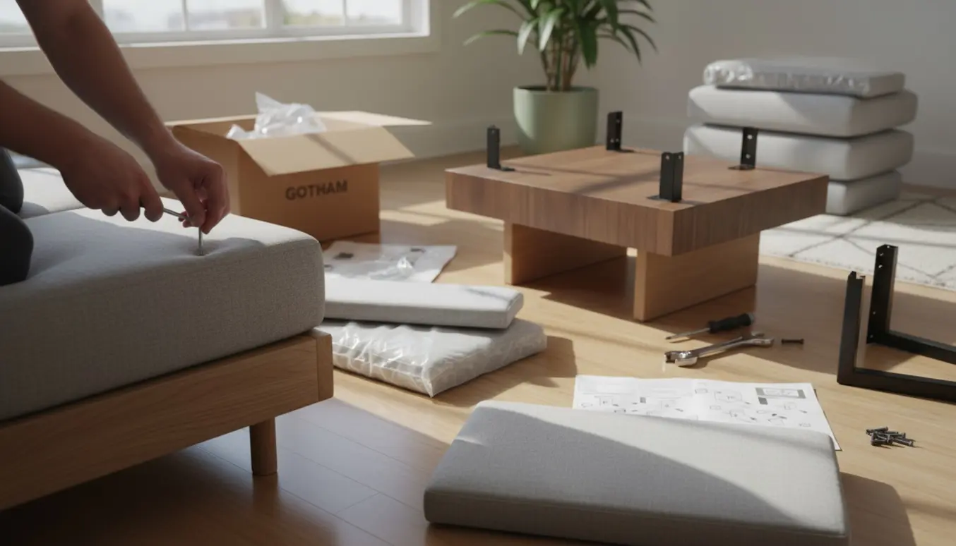 Hænder samler en sofa og et sofabord i en lys, skandinavisk stue med værktøj og åbne pakker.