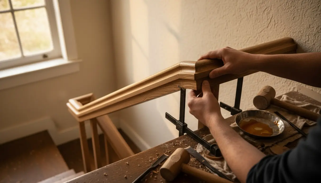 Hænder tilpasser og monterer en ny trægelændersektion, så den matcher det eksisterende gelænder.