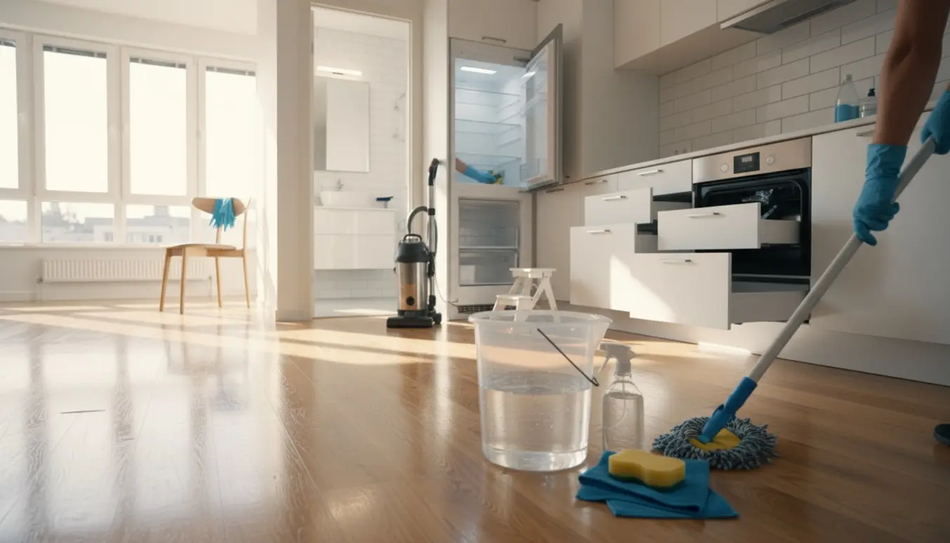 Tom lejlighed under grundig flytterengøring med moppe, åbne skabe og rengøringsudstyr.