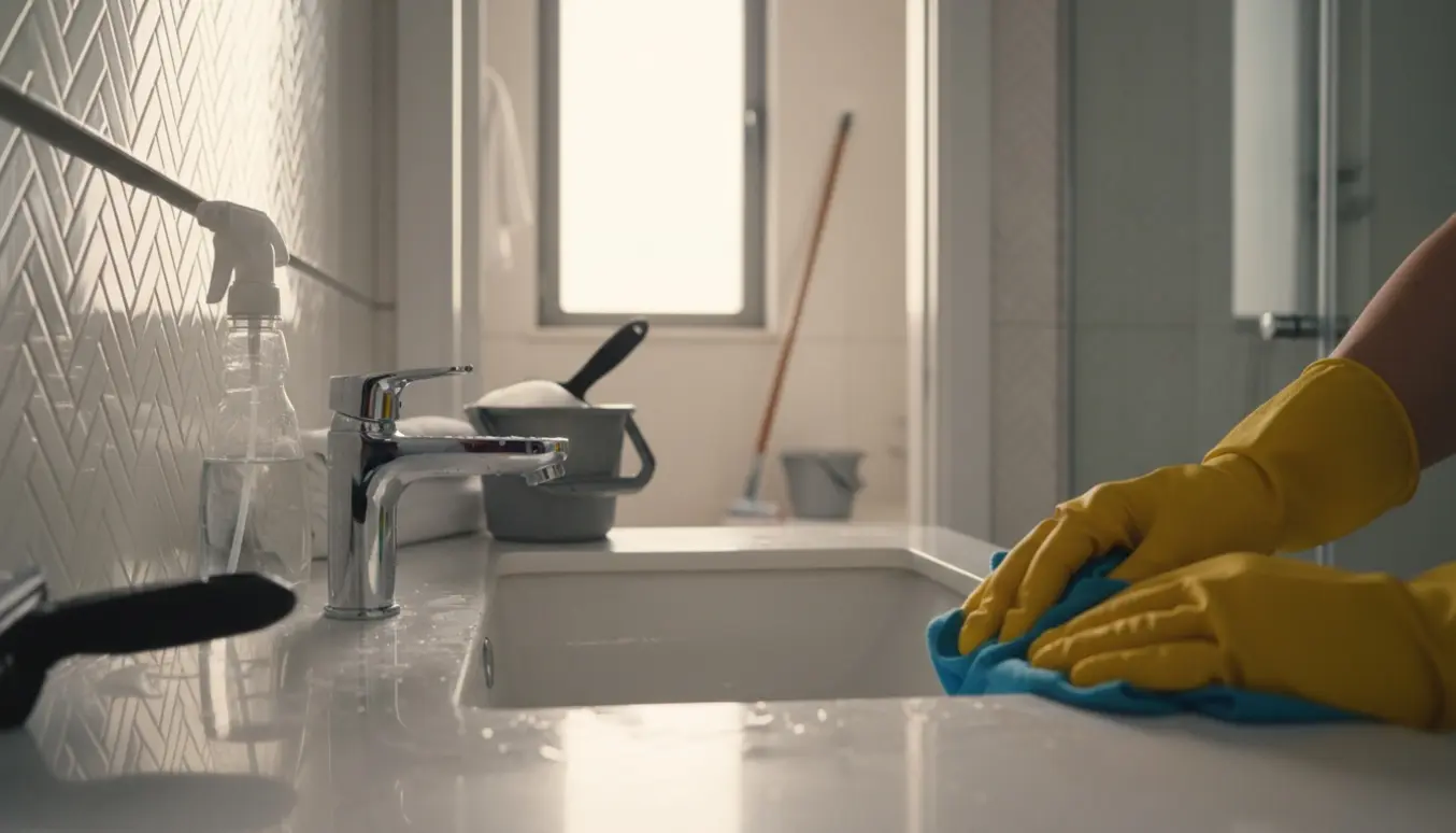 En rengøringsperson tørrer et badeværelsesarmatur i et lille badeværelse, med et andet lille badeværelse synligt i baggrunden.