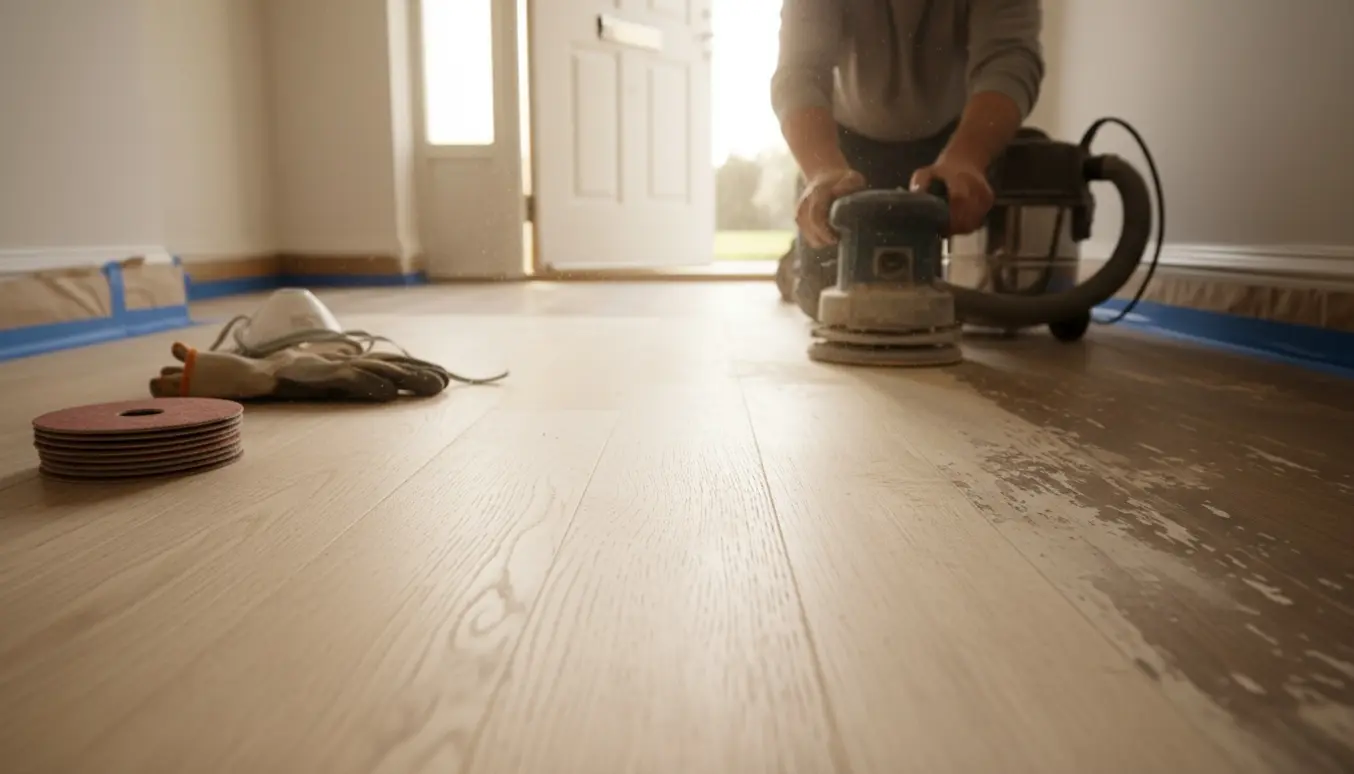 Halvt slebet trægulv i en lille entré med gulvsliber, støv i sollyset og beskyttede fodlister.