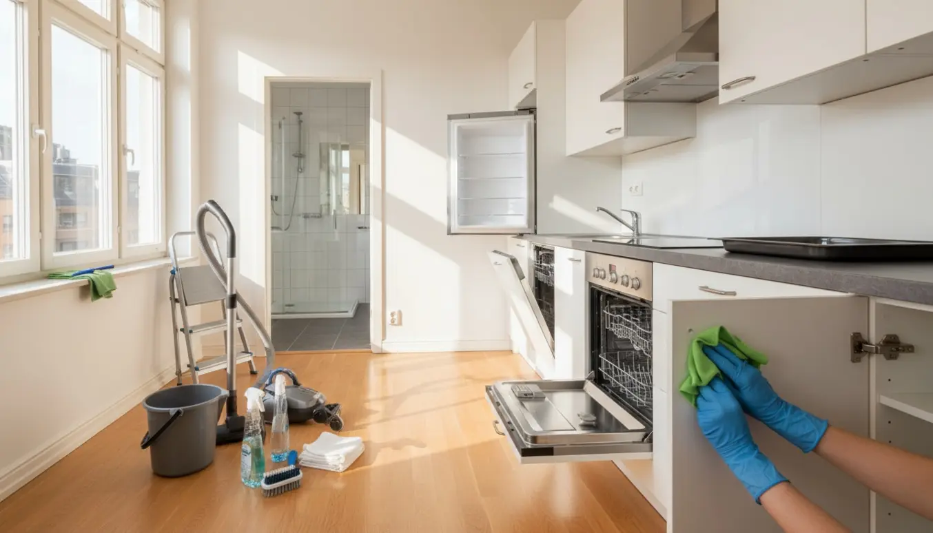 Tømt lejlighed klar til udflytningsrengøring med rengøringsredskaber og skinnende køkken- og badeværelsesoverflader.