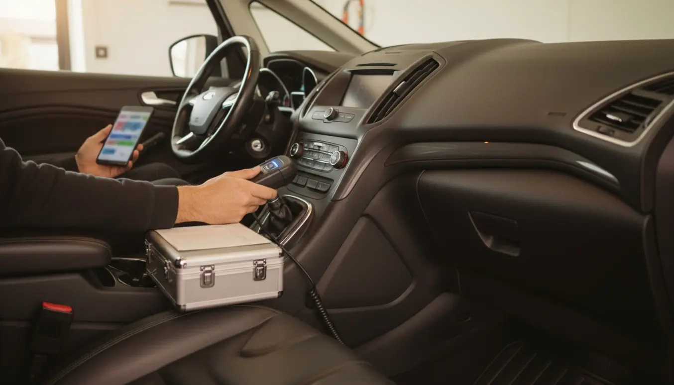 Hænder tilslutter en OBD-scanner under rattet i en 2017 Ford S-Max i en garage.