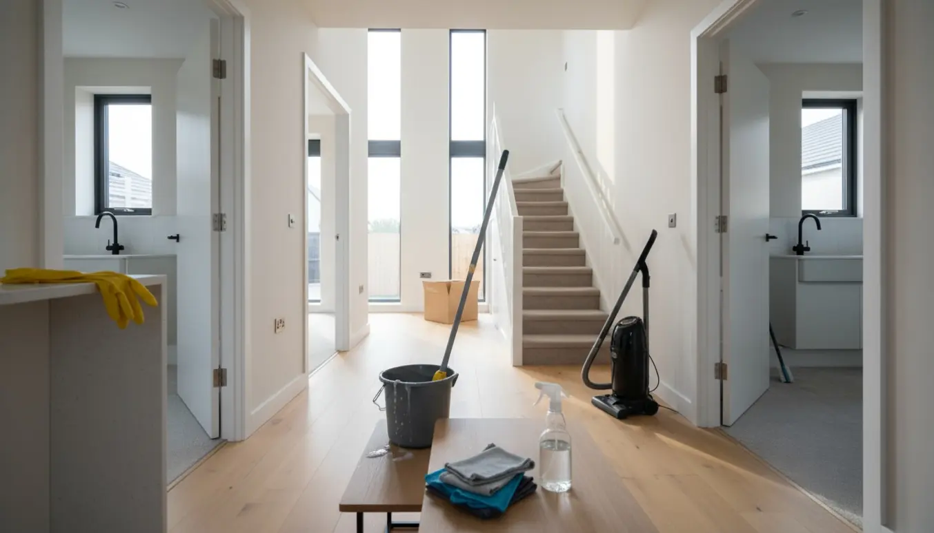 Fraflytningsrengøring i et lyst, moderne rækkehus med rengøringsudstyr og åbne døre til værelser.