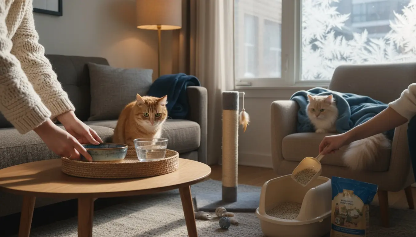 En hjælper fylder mad- og vandskåle og renser kattebakken, mens to sky katte titter frem i en hyggelig stue.