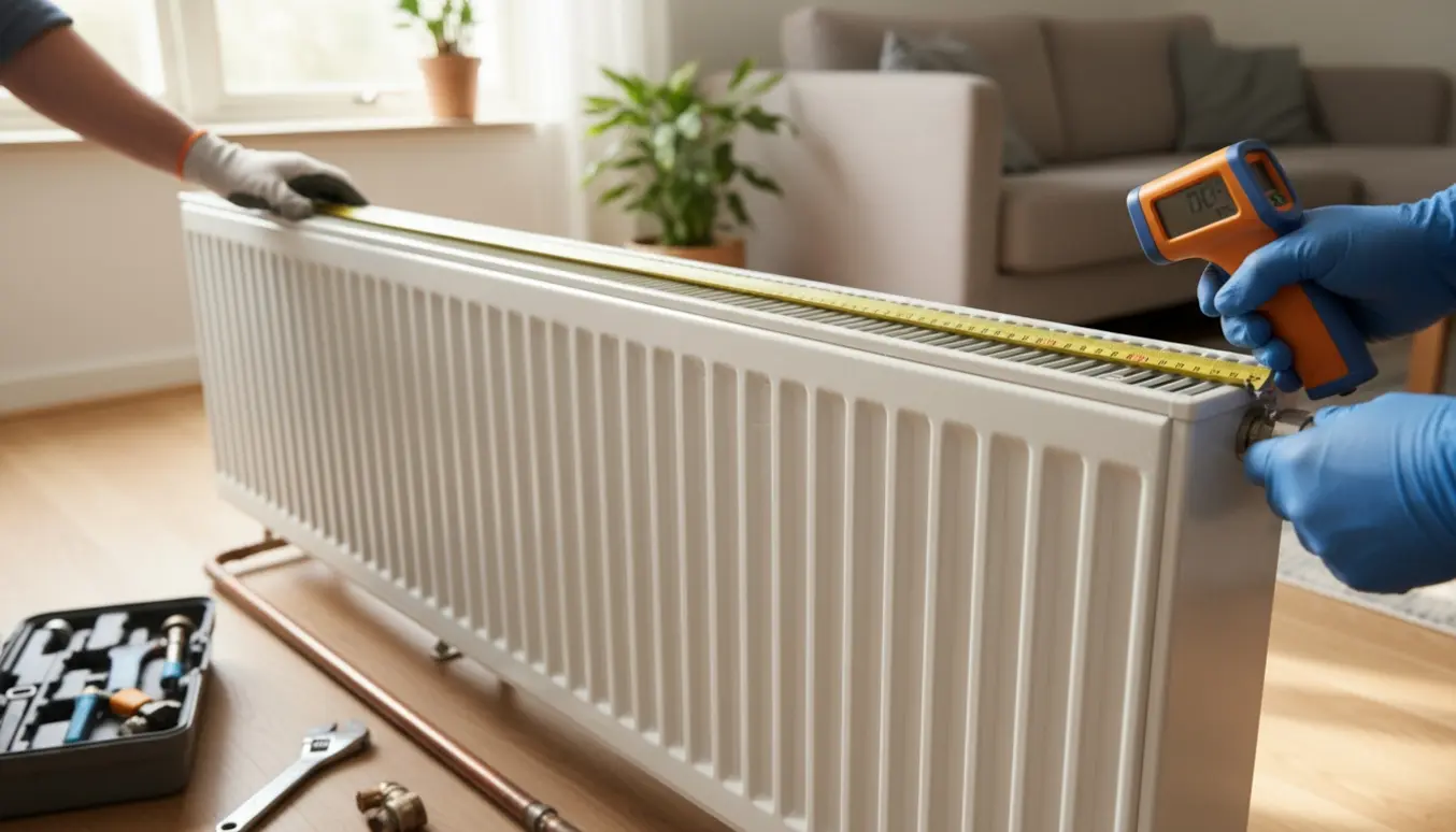 Hænder undersøger en kold vægmonteret radiator med værktøj og termometer i et lyst hjem.