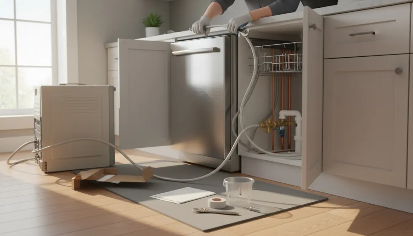 Hænder, der monterer en ny opvaskemaskine i et moderne køkken med værktøj og åben underskab.