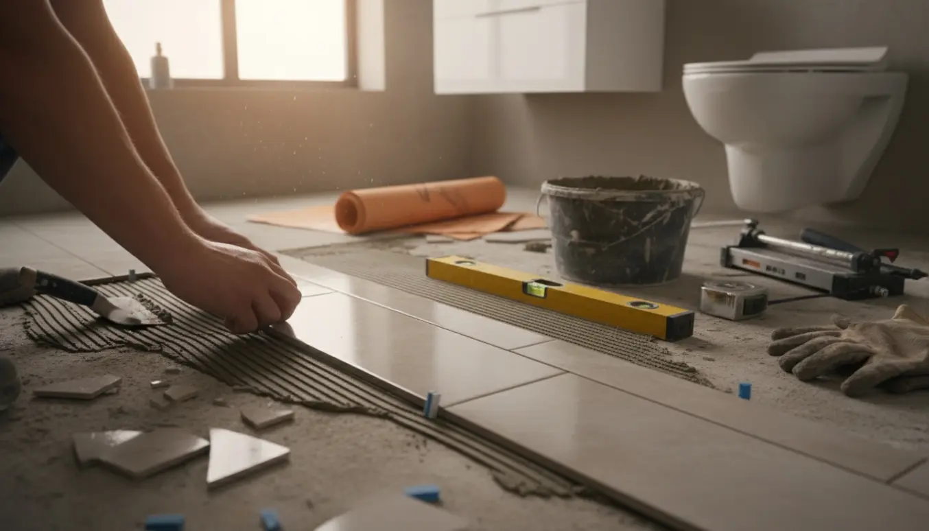 Småt badeværelse midt i gulvrenovering med fliser, mørtel og en håndværkers hænder.