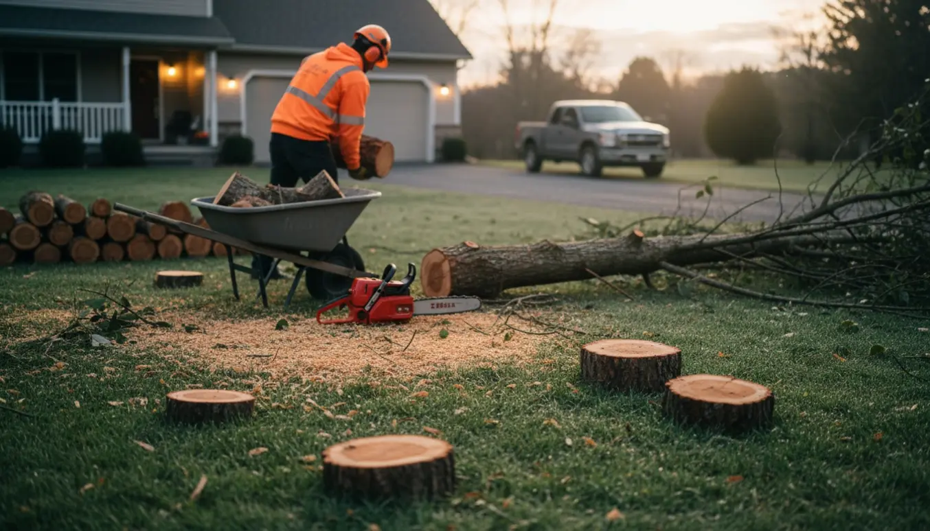 Fældet lille træ skæres op i haven med motorsav og stykker stablet til bortkørsel.