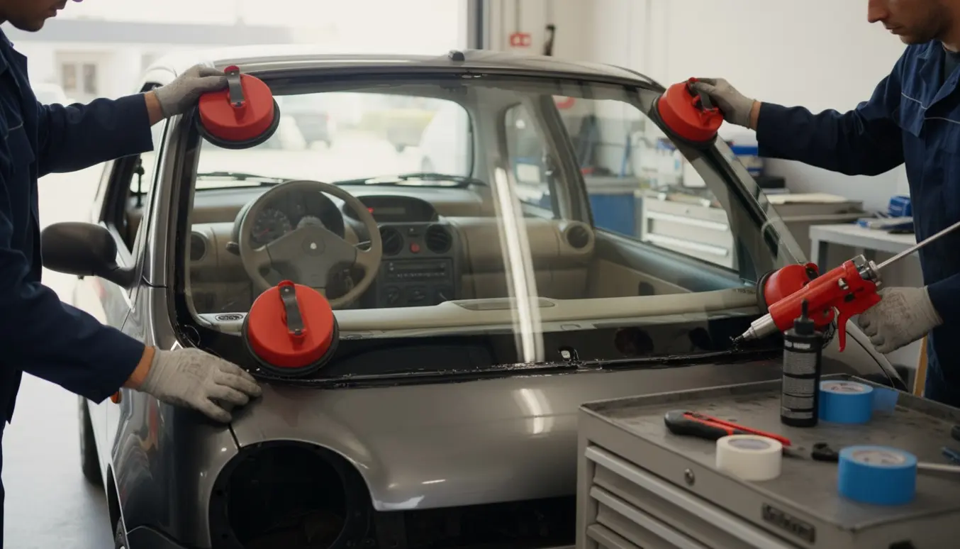 Teknikere monterer en ny forrude på en lille kompaktbil i et lyst værksted.