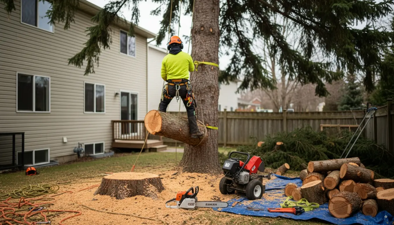 Arborist sænker en afsavnet granssektion tæt på et hus med savspon og en delvist fjernet stub.