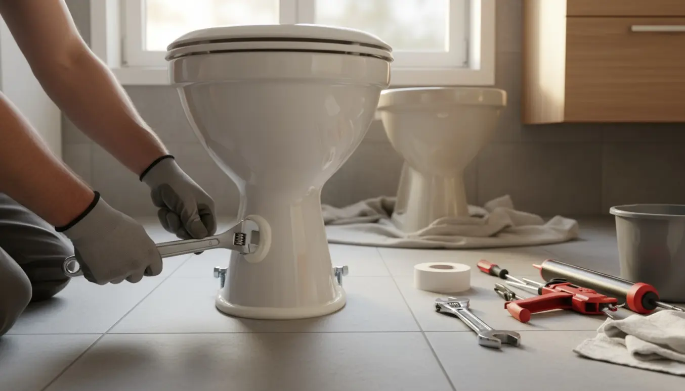 Nyt IFØ-toilet monteres i lyst badeværelse med fuge og værktøj, mens det gamle toilet står ved siden af.