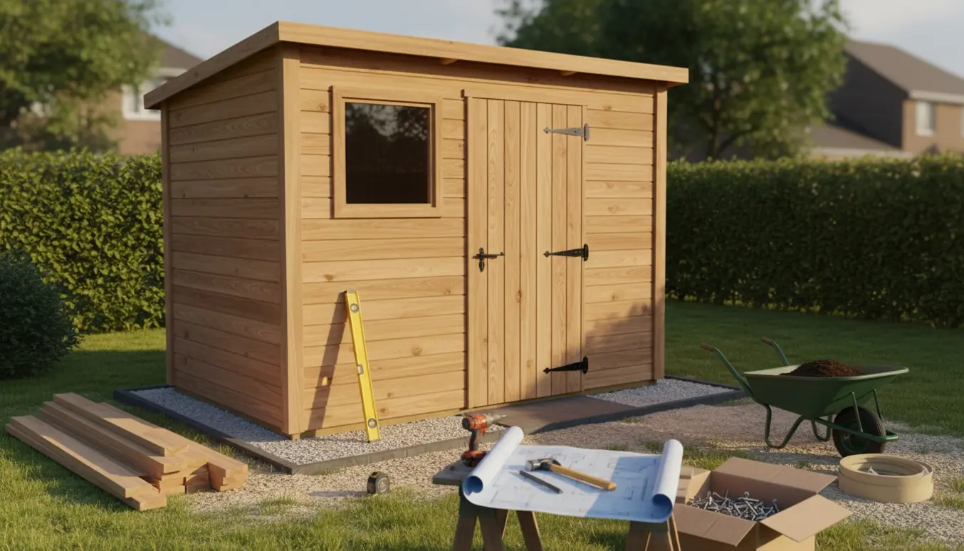 Nybygget træredskabsskur på cirka 10–15 m² i en baghave med værktøj og materialer foran.