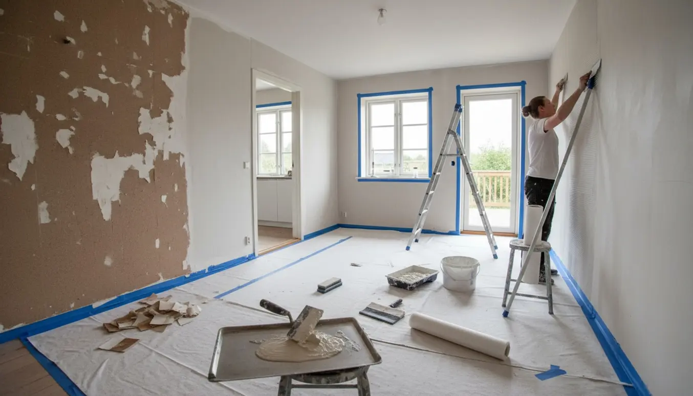 Stue under renovering med fjernet savsmuldstapet, opsat glasvæv og malerarbejde i gang, værktøj og afdækning synlig.