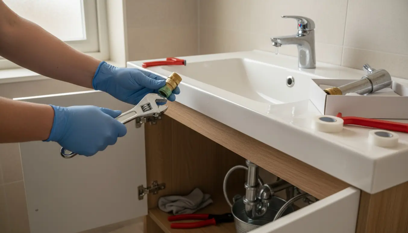 Nærbillede af hænder, der skifter utæt blandingsarmatur og udskifter kuglehaner under et badeværelsesvask.