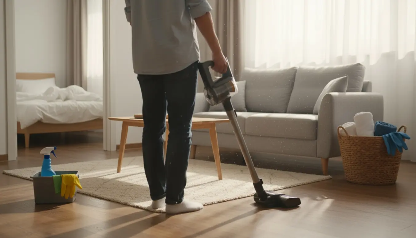 Soloplyst 2-værelses lejlighed under oprydning med støvsugning og rengøringsudstyr.