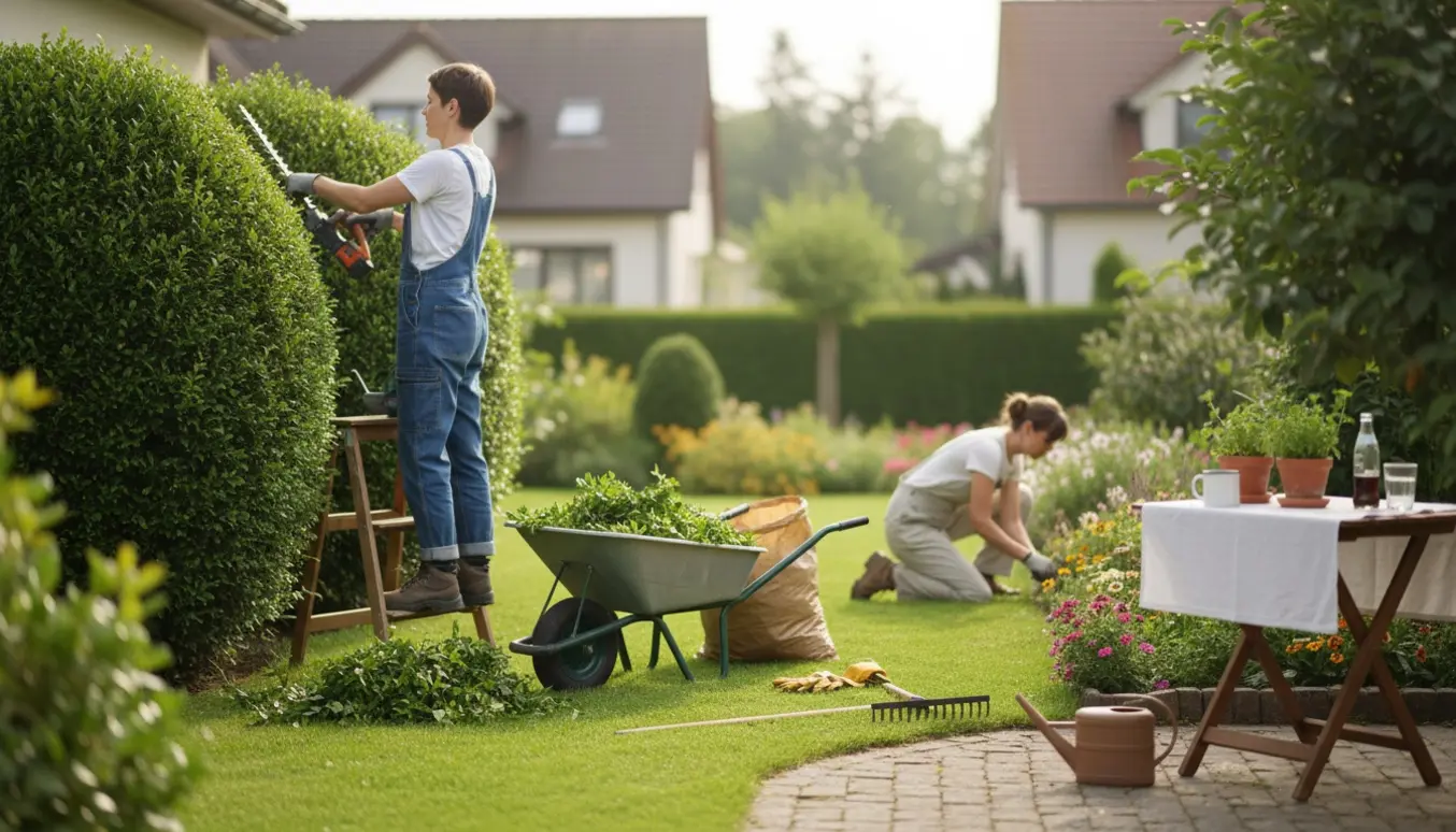 To personer beskærer hæk og ordner haver i solrig villahave med værktøj og kaffe ved siden af.